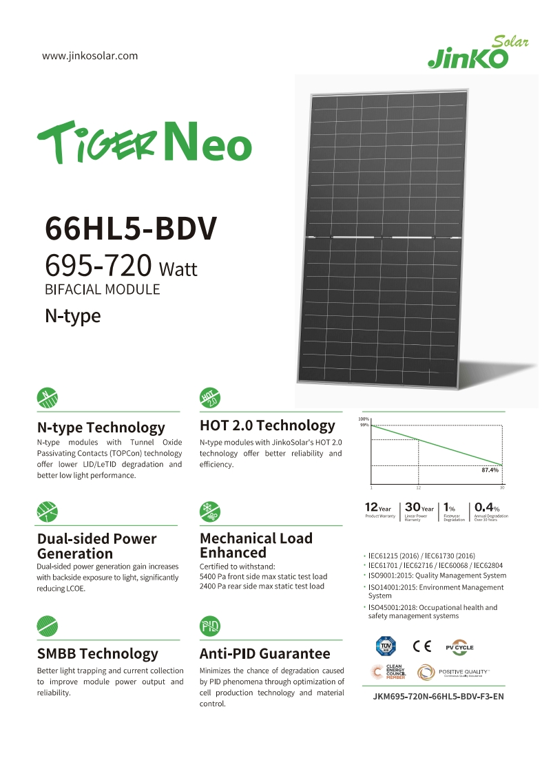 상업용 지붕용 N형 양면형 단결정 720와트, 700와 - Jinko Solar Panel N-Type 리뷰 및 가격